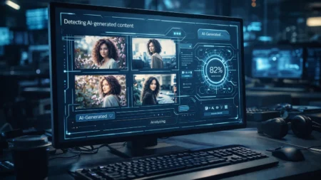 Computer screen analyzing AI-generated images using detection software.