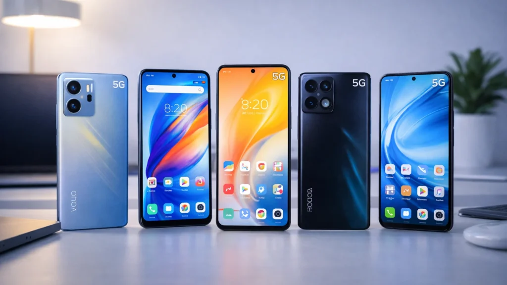 10 Best Budget 5G Smartphones Under ₹15,000 in India Multiple affordable 5G smartphones displayed on a desk.