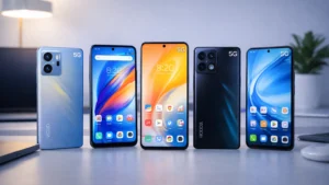 Multiple affordable 5G smartphones displayed on a desk.