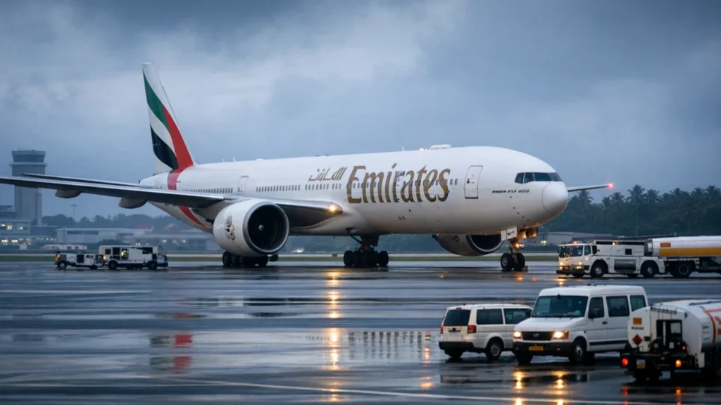 Emirates Flight Returns to Thiruvananthapuram After Drone Strike Near Dubai Airport Emirates airplane parked on runway at Thiruvananthapuram International Airport.