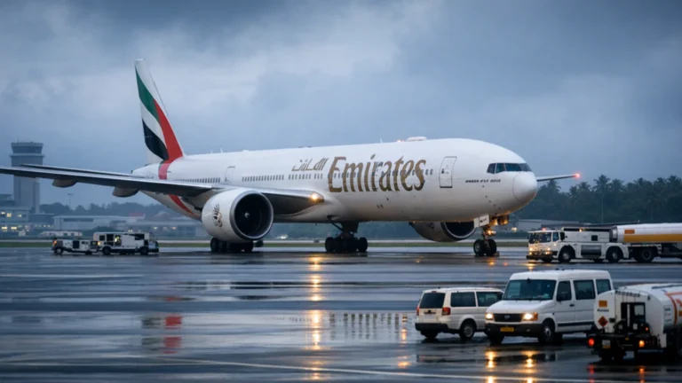Emirates Flight Returns to Thiruvananthapuram After Drone Strike Near Dubai Airport Emirates airplane parked on runway at Thiruvananthapuram International Airport.