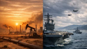 Oil fields in Middle East and Taiwan Strait representing geopolitical tensions