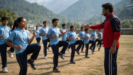 Students training in school playground with physical education teacher in Himachal