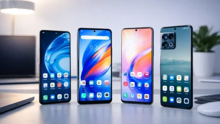 Multiple smartphones placed on a desk displaying colorful screens.