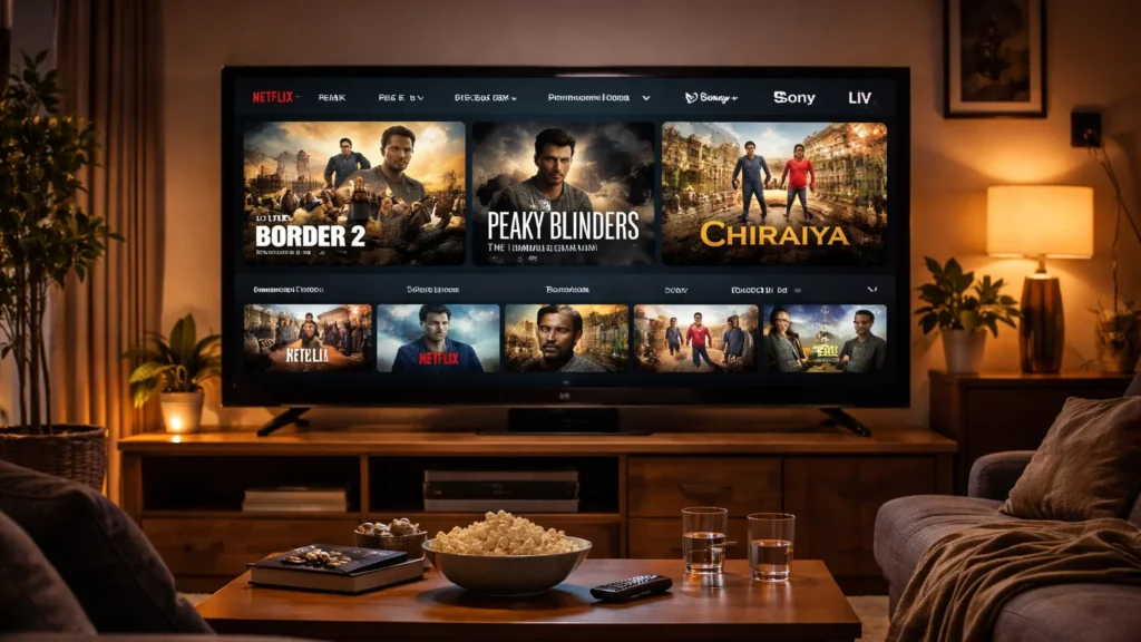 TV screen displaying OTT platforms with new movie and series releases