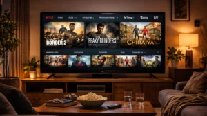 TV screen displaying OTT platforms with new movie and series releases