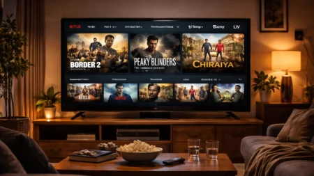 TV screen displaying OTT platforms with new movie and series releases