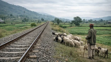 Shepherd with flock of sheep and goats near a railway track in rural Una district.