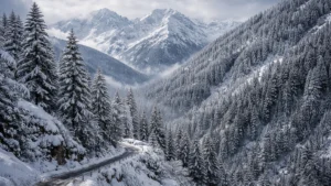 Fresh snowfall covering pine forests and mountain peaks near Narkanda in Shimla district.
