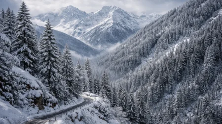 Fresh snowfall covering pine forests and mountain peaks near Narkanda in Shimla district.