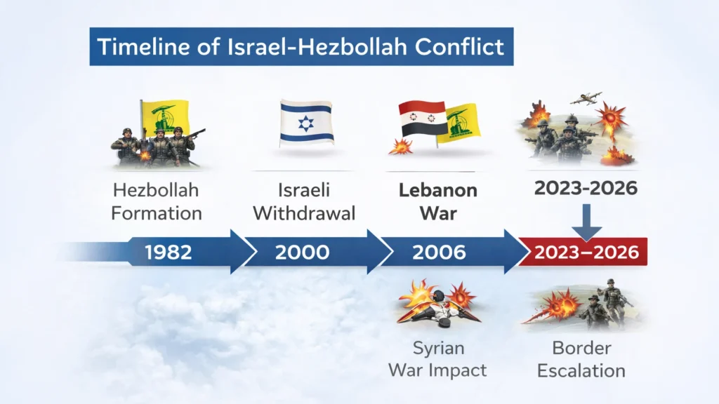 Infographic showing major events in Israel Hezbollah conflict timeline