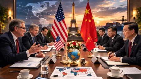 US and Chinese officials holding economic and trade discussions at a meeting table with national flags