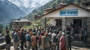 Villagers gathered outside a gram panchayat office in a Himachal village after a government notification on panchayat reorganisation.
