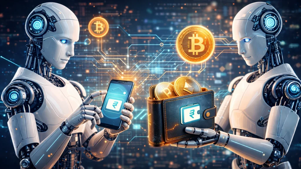 Futuristic AI robots making cryptocurrency payments through digital wallets in a blockchain network