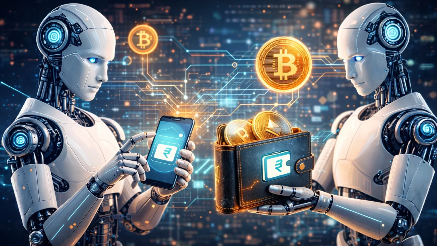 Futuristic AI robots making cryptocurrency payments through digital wallets in a blockchain network