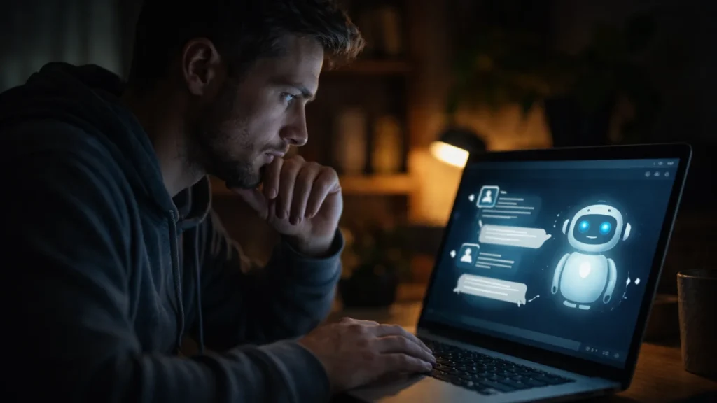 Person interacting with AI chatbot on laptop in dark environment