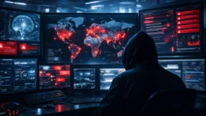 Cybersecurity control room with AI threat visuals representing warnings about a possible major AI-enabled cyberattack