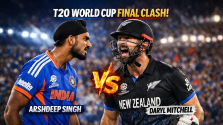 Arshdeep Singh confronts Daryl Mitchell during a tense moment in the ICC T20 World Cup Final match.