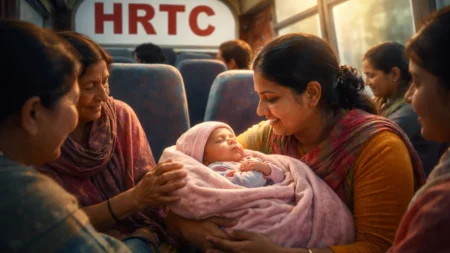 Passengers help a newborn baby girl after birth inside a moving HRTC bus in Himachal Pradesh