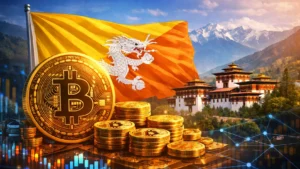 Illustration of Bitcoin with Bhutan flag representing national cryptocurrency reserves