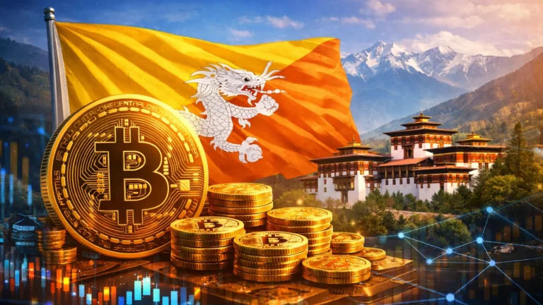 Illustration of Bitcoin with Bhutan flag representing national cryptocurrency reserves