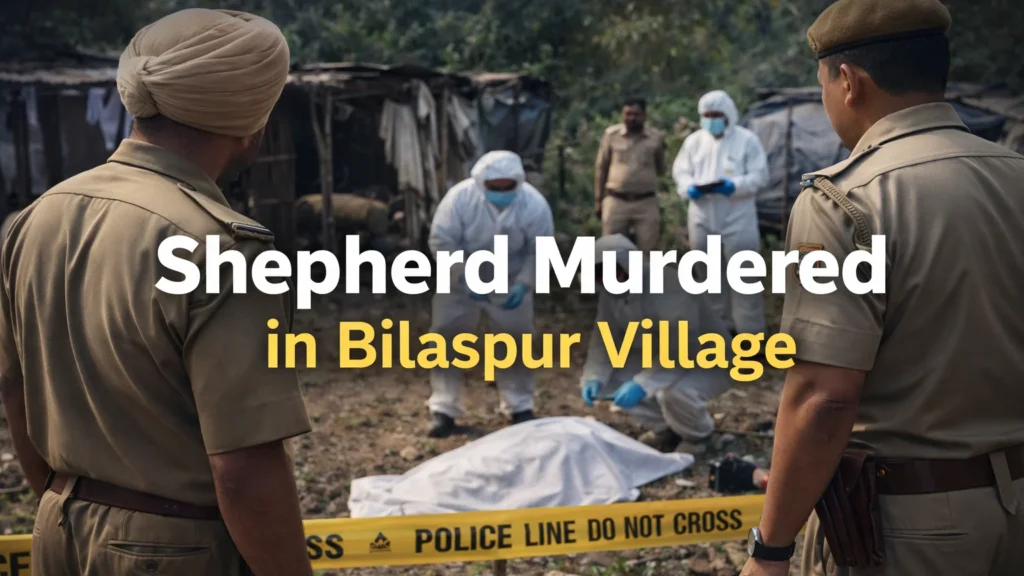 Police and forensic officials investigating the murder of a shepherd in Malhot village of Bilaspur district, Himachal Pradesh.
