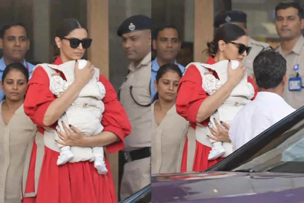 Actor Deepika Padukone holding her infant while stepping out in Mumbai, surrounded by security personnel