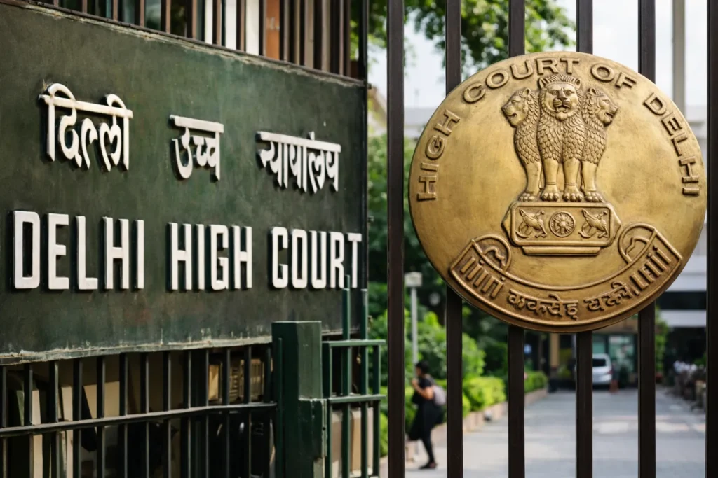 Entrance gate of the Delhi High Court building with official signage and emblem visible.