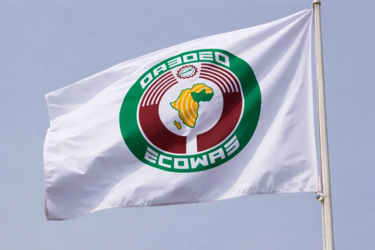Flag of the Economic Community of West African States (ECOWAS) flying against the sky