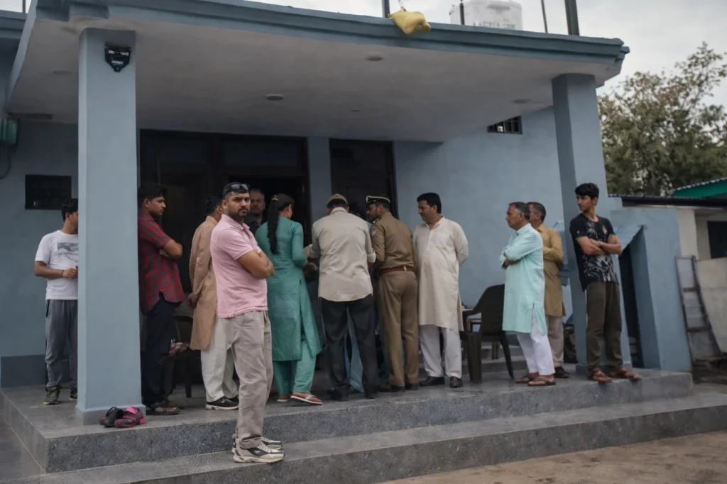 Residents and police outside a house in Fatehpur where thieves stole jewellery and cash while the family attended a wedding