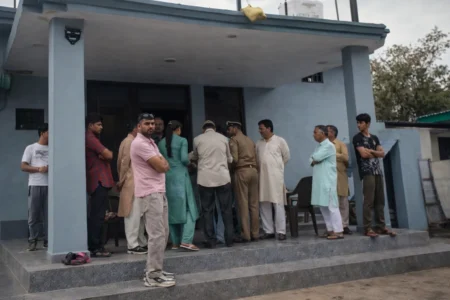 Residents and police outside a house in Fatehpur where thieves stole jewellery and cash while the family attended a wedding