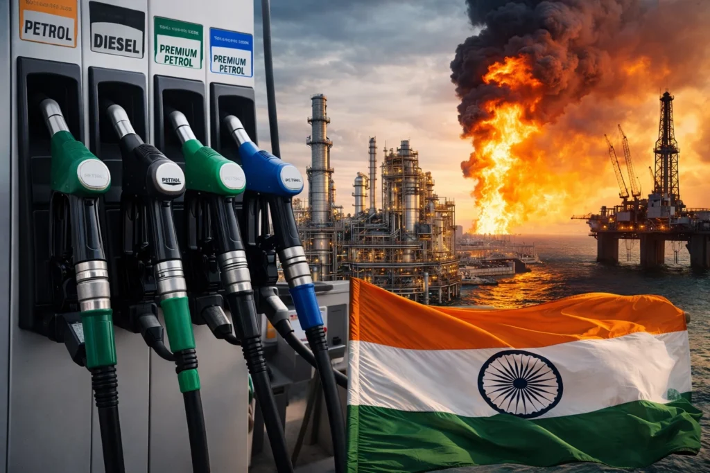 Petrol pumps and oil refinery with Indian flag representing global oil conflicts affecting India’s energy economy