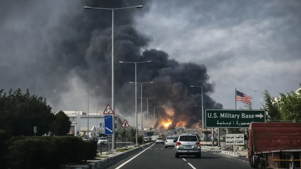 Blasts Reported in Dubai, Doha and Manama as Iran Targets US Assets Thick black smoke rising in a Gulf city as vehicles drive along a highway following a reported strike targeting US-linked assets