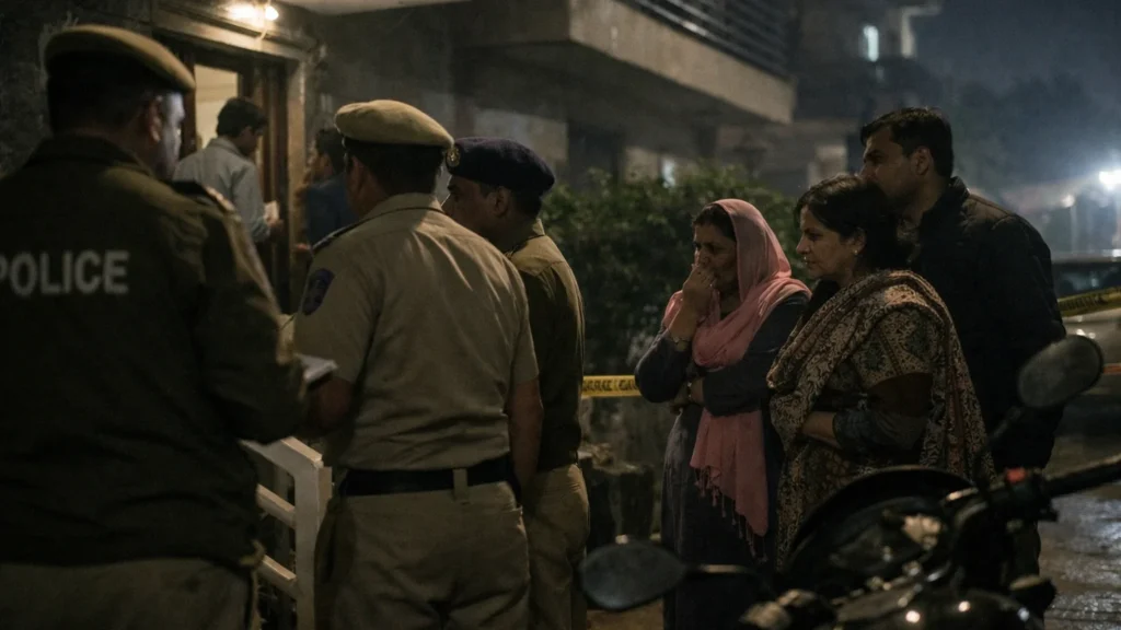 Newly Married Gurugram Woman Dies Shortly After Meeting Husband, Family Alleges Foul Play Police outside residential building investigating suspicious death case