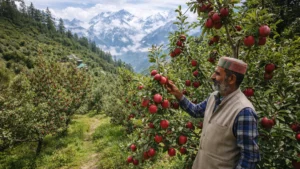 Apple farmer inspecting red apples in an orchard in Himachal Pradesh with Himalayan mountains in the background