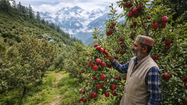 Apple farmer inspecting red apples in an orchard in Himachal Pradesh with Himalayan mountains in the background