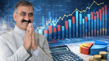 Chief Minister Sukhvinder Singh Sukhu with financial charts and graphs representing Himachal Pradesh debt and fiscal deficit in Budget 2026