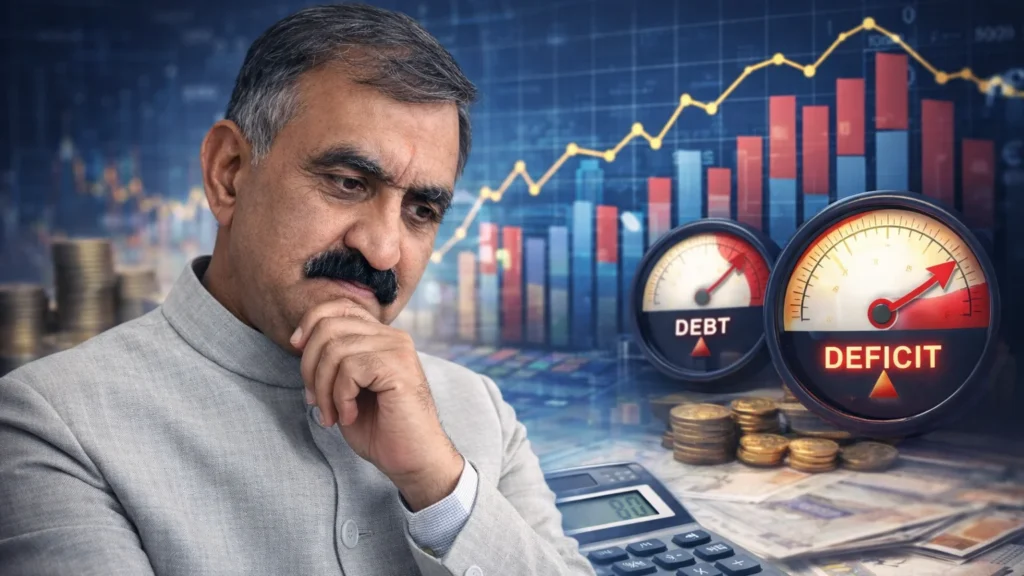 Chief Minister Sukhvinder Singh Sukhu with financial graphs and charts representing rising debt and fiscal deficit in Himachal Budget 2026