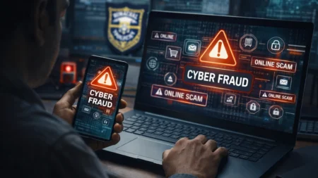 Himachal Lost ₹150 Crore to Cyber Fraud in 3 Years, Kangra Tops in Cases A person using a smartphone and laptop amid cyber fraud warning visuals representing rising digital scam cases in Himachal Pradesh