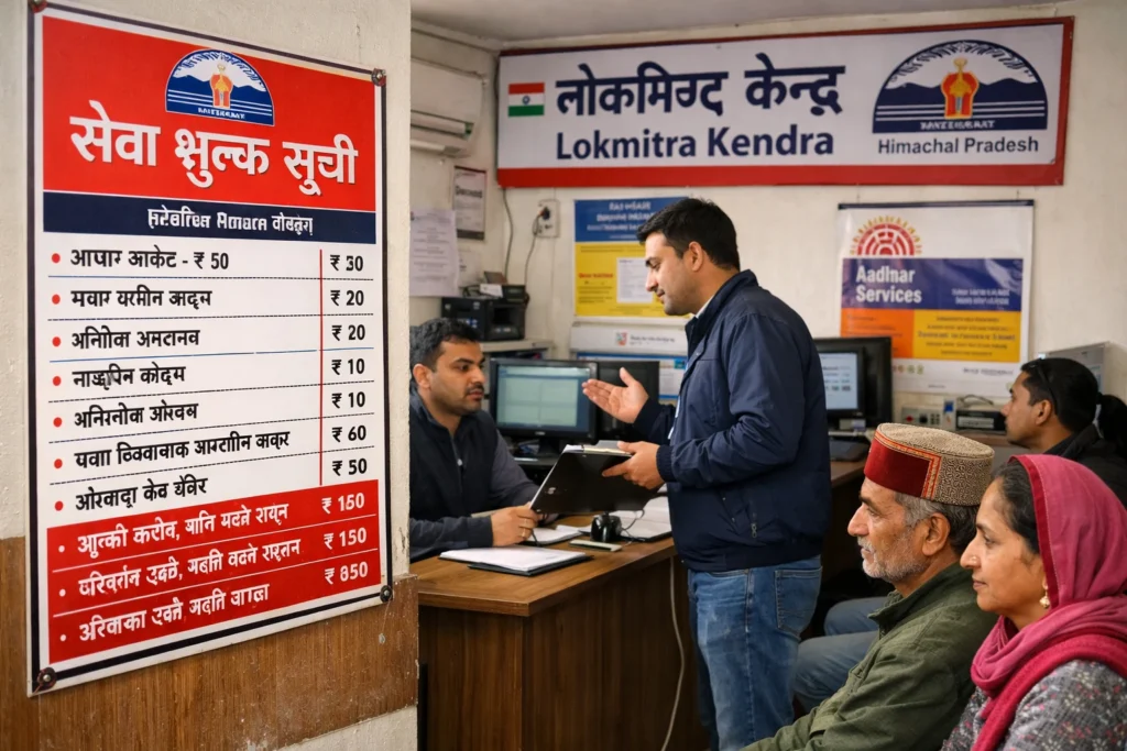 Citizens accessing government digital services at a Lokmitra centre in Himachal Pradesh as the state introduces strict rules on service charges.