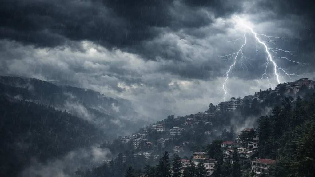 Orange Alert in Himachal for Rain, Thunderstorm and Hail Over Next Two Days Dark storm clouds, lightning and rainfall over Shimla hills during orange alert weather conditions in Himachal Pradesh