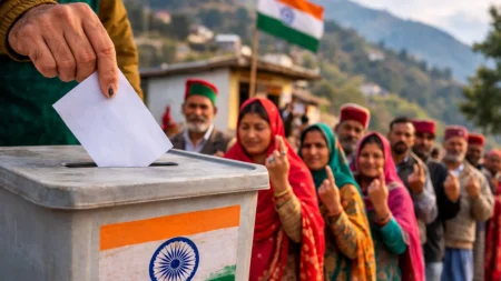 Rural voters casting ballots and showing inked fingers during local elections in a Himalayan village