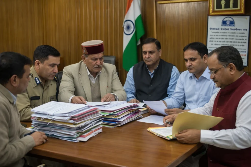 Himachal Pradesh officials reviewing files related to new gram panchayat formation before panchayat election roster announcement