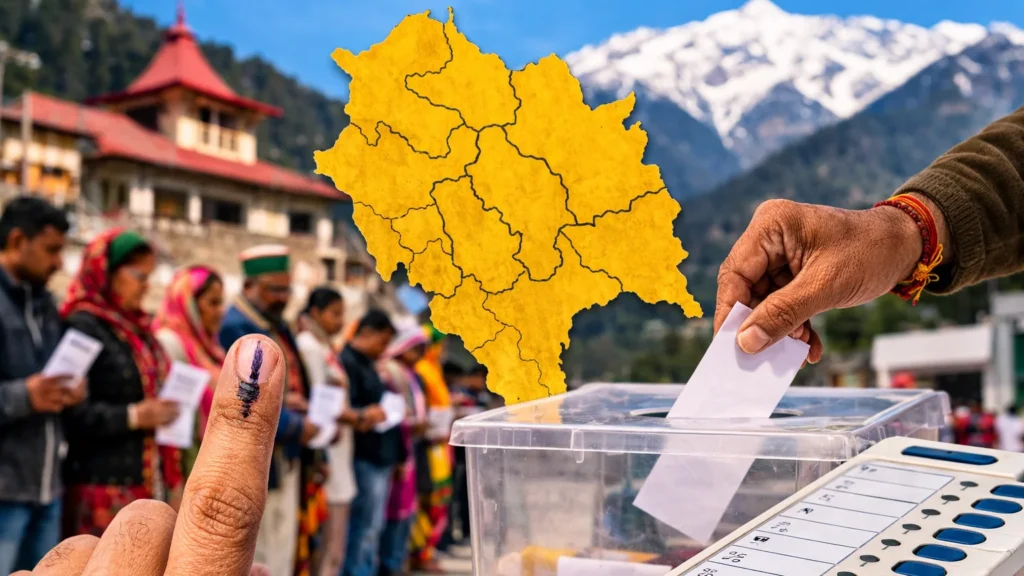Illustration showing Himachal Pradesh map with voting ballot and EVM representing upcoming panchayat elections