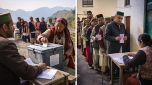 Villagers standing in line and casting votes at a polling station during Panchayat elections in Himachal Pradesh