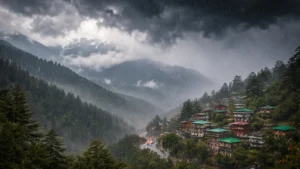 Dark storm clouds and rainfall over the hills of Himachal Pradesh during unstable weather