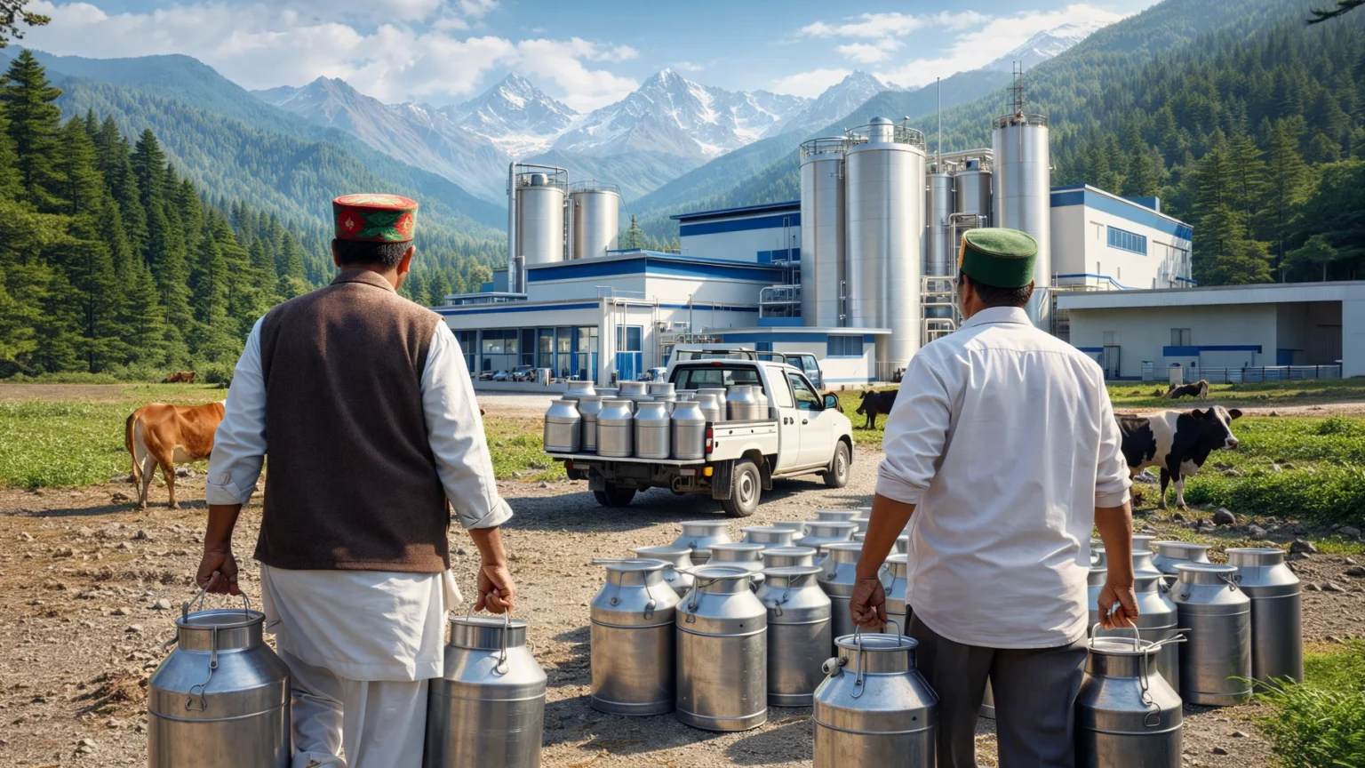 Dairy farmers carrying milk cans near a milk processing plant in Himachal Pradesh with Himalayan mountains in the background