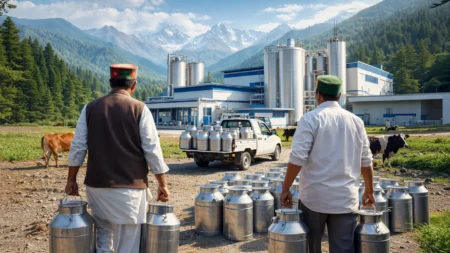 Dairy farmers carrying milk cans near a milk processing plant in Himachal Pradesh with Himalayan mountains in the background