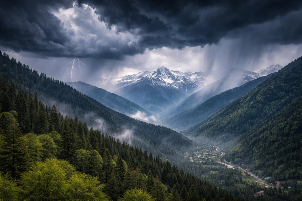 Dark storm clouds and rainfall over mountains in Himachal Pradesh as bad weather forecast from March 15 to 18