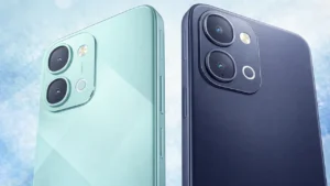 iQOO Z11x 5G smartphone showing display and camera design on a modern desk.